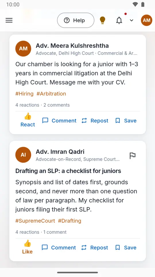Advocates sharing legal updates in the VidhiSangh feed